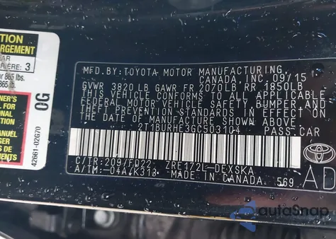 2016 Toyota Corolla S z USA, uszkodzony, nr VIN 2T1BURHE3GC503104